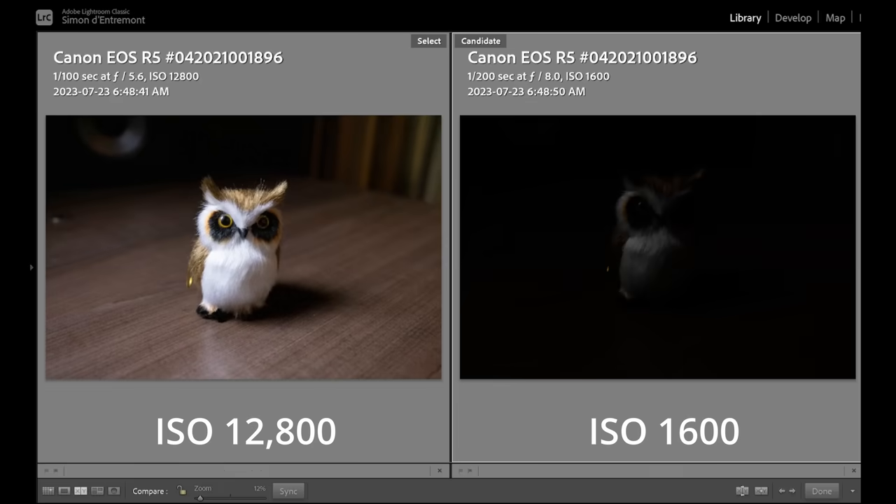 [02:27] A split-screen  showing an owl figurine shot at ISO 12,800 next to a significantly darker, underexposed version shot at ISO 1600.
