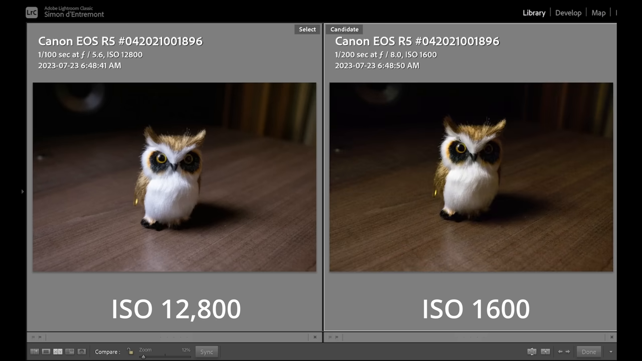 [02:40] A split-screen close-up  of the same owl figurines after the ISO 1600 image's exposure was raised in post-processing, revealing it is significantly noisier than the ISO 12,800 image.