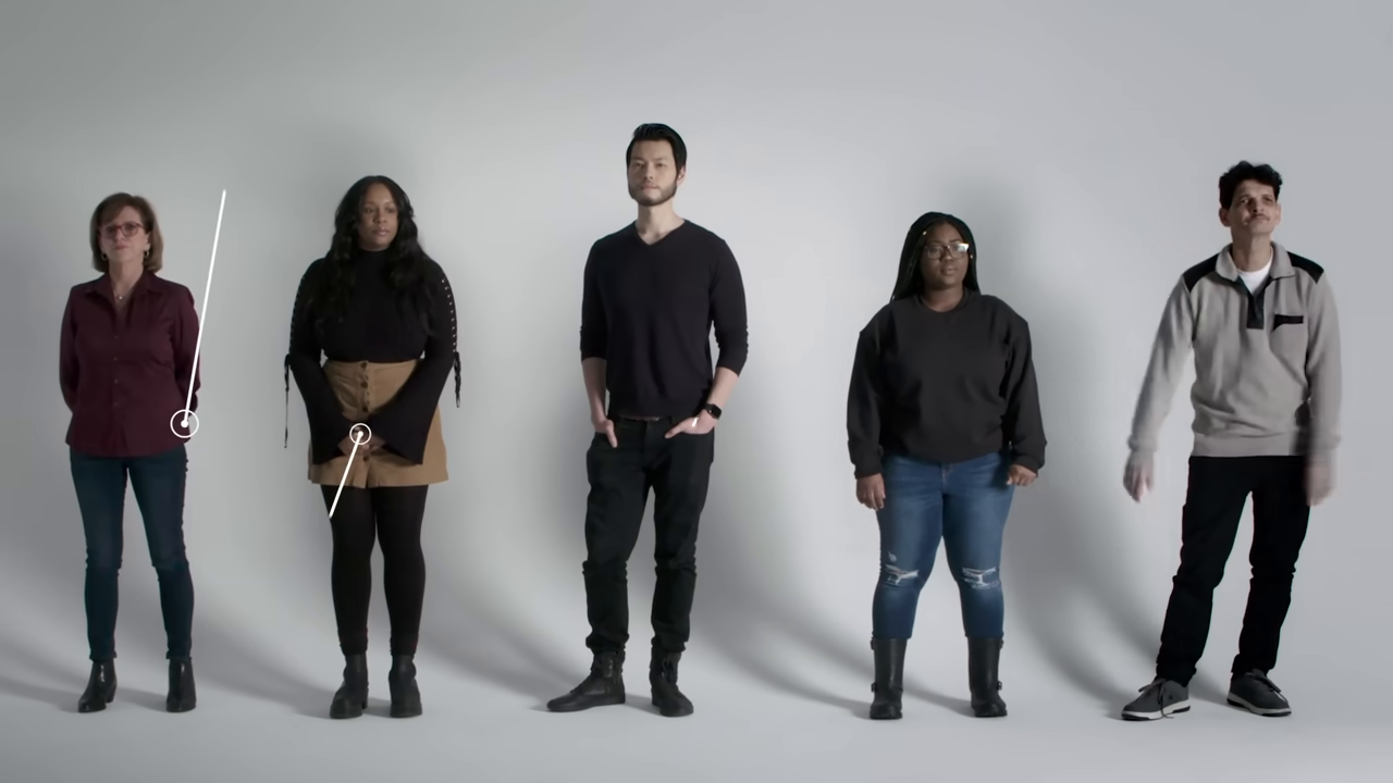 [07:22]  overlays and lines point to five different people to identify their resting postures, such as "HANDS IN POCKETS" or "LEANING". —