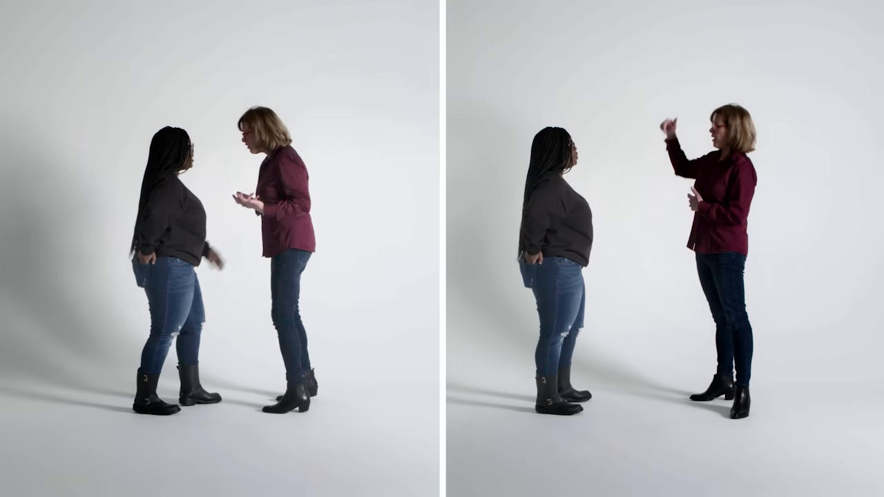 [09:35] A split-screen before and after  shows two women standing significantly further apart after their personal space was mentioned. —