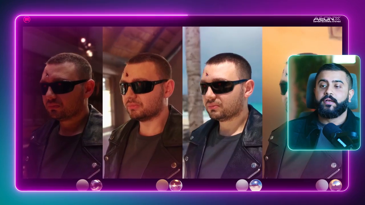 A four-panel split screen shows the same man's face dynamically relit in four distinct virtual environments.