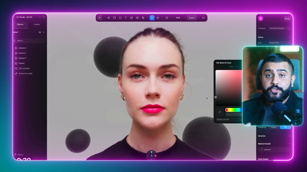 The  of Spline is shown, demonstrating how a 3D Gaussian splat of a woman's head can be imported and edited.