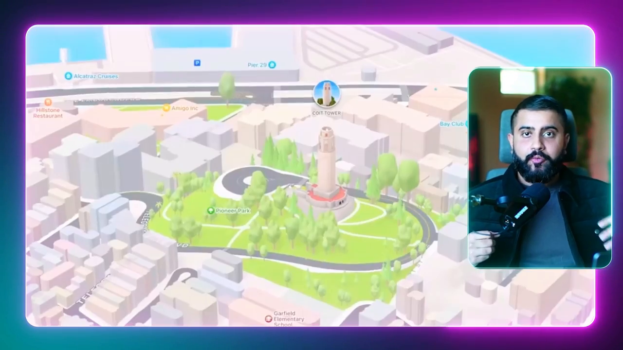A stylized 3D map interface of San Francisco highlights Coit Tower, showing the potential for crowdsourced world mapping.