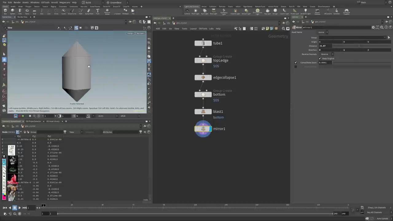 The basic mirrored and faceted shape of the crystal is shown in the Houdini viewport after the initial modeling steps.