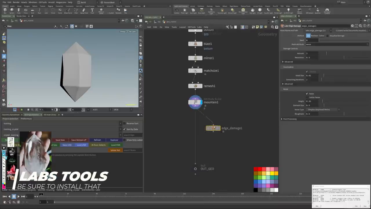 The Houdini viewport shows the result of the `Labs Edge Damage` node, with the edges of the high-resolution mesh procedurally chipped and broken.