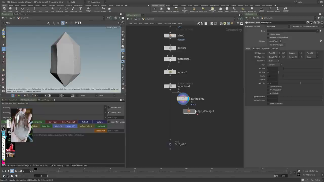 The `Attribute Paint` tool is actively being used to brush a red mask onto the 3D model, indicating areas to protect from displacement.