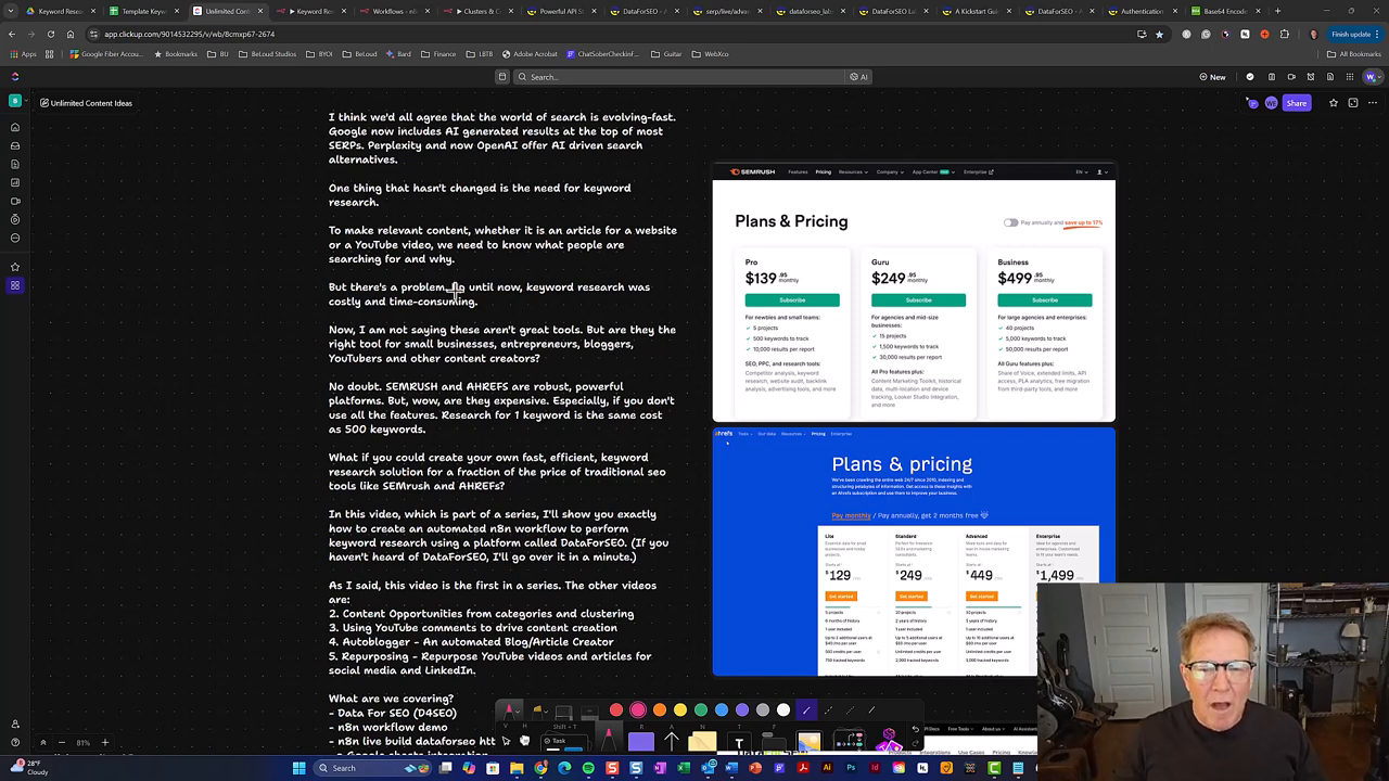 The screen shows a split view with speaker notes on the left and the pricing pages for Semrush and Ahrefs on the right.