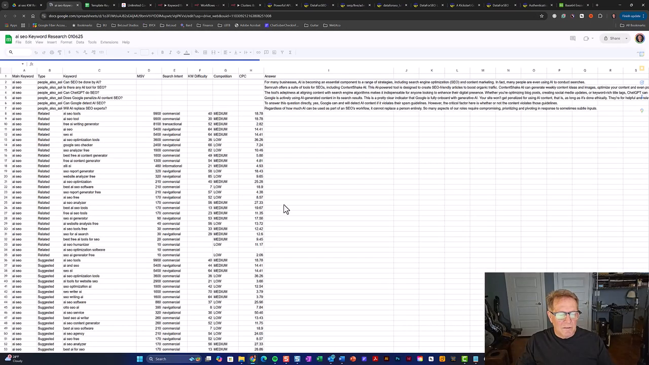A detailed view of the generated Google Sheet, showing columns for keywords, search volume, search intent, keyword difficulty, and competition.