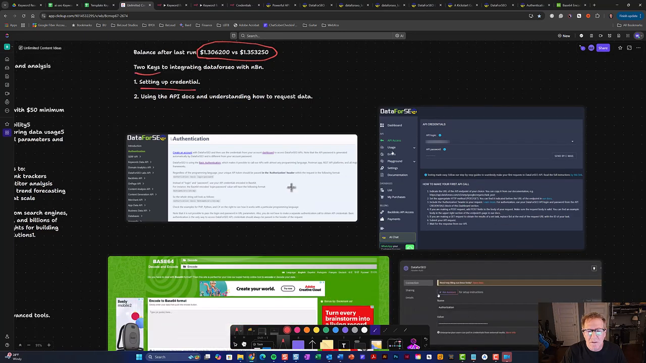 The DataForSEO authentication documentation is shown alongside the user dashboard displaying API login details.