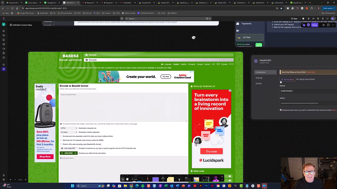 A Base64 encoding website is demonstrated, showing how to encode the API email and password.