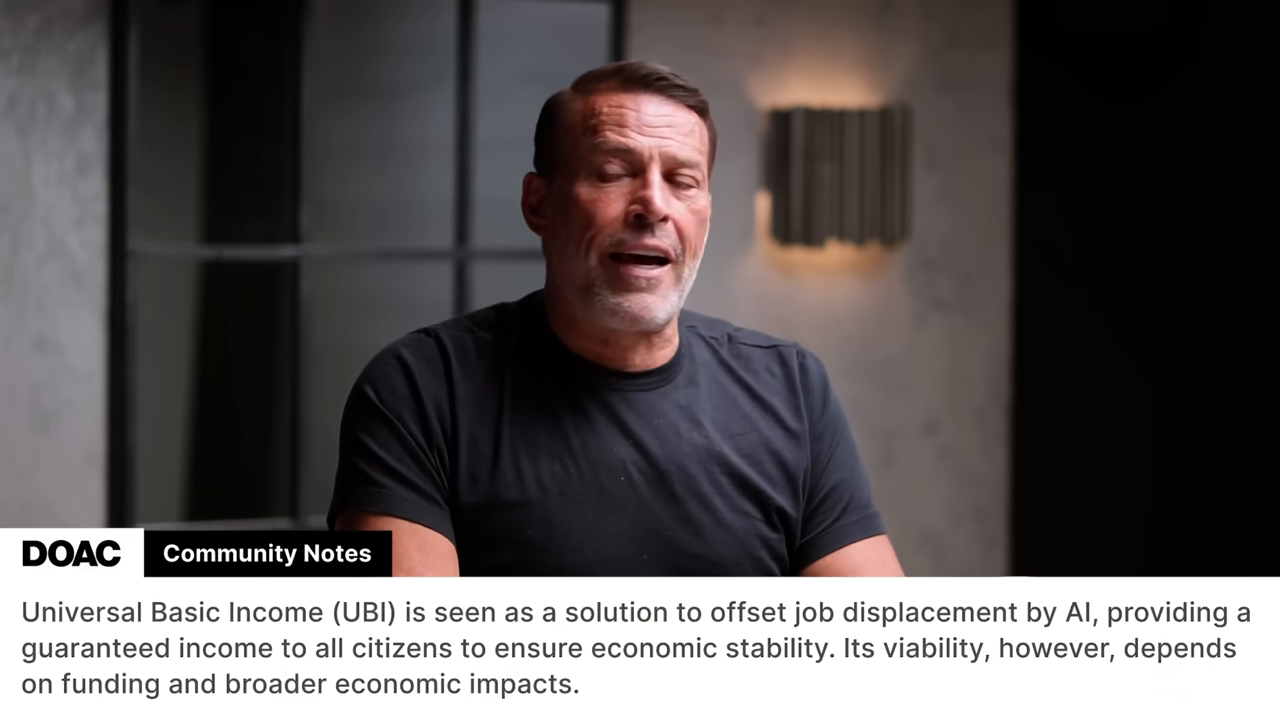 A "DOAC Community Notes"  box appears defining Universal Basic Income (UBI) as a potential solution to offset job displacement by AI.