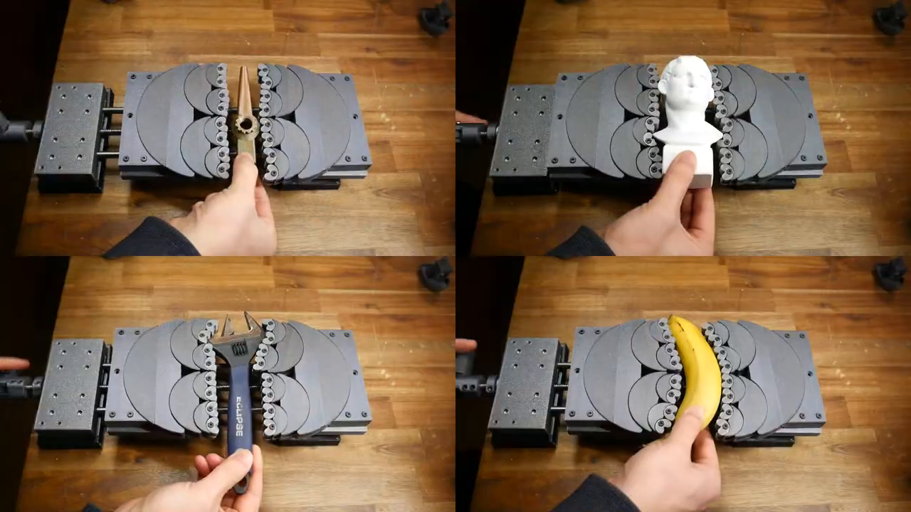 A split screen showing the 3D printed fractal vise gripping four different objects simultaneously: a ruler, a wrench, a bust, and a banana.
