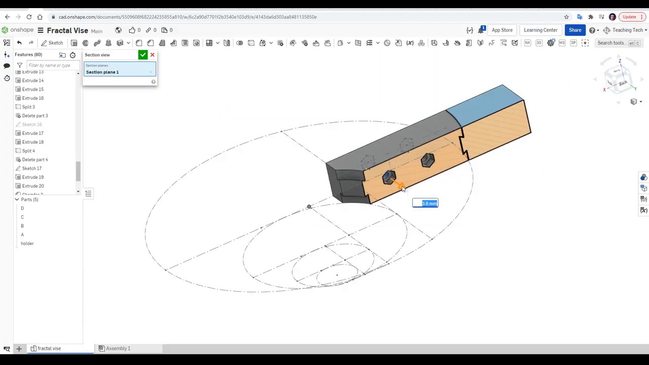 A 3D CAD section view demonstrating the solution: splitting the dovetail parts in half horizontally for support-free printing.