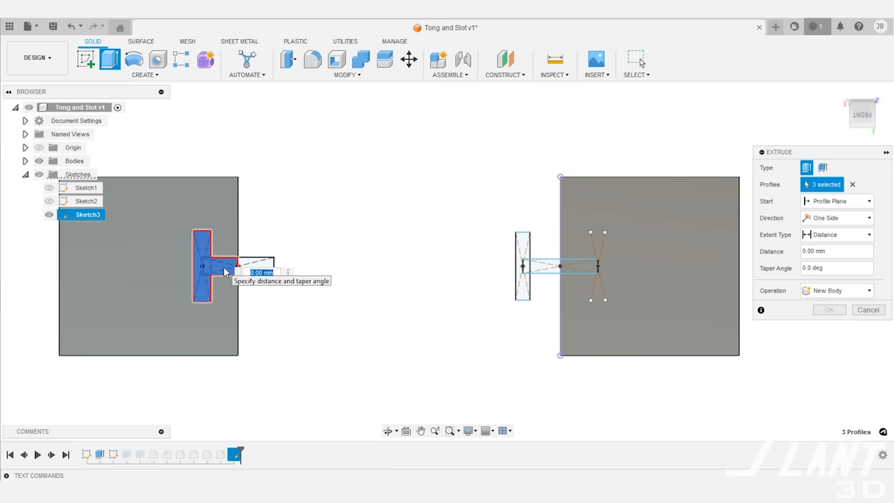 The CAD interface displays a standard T-slot joint design, highlighting the sharp perpendicular angles.
