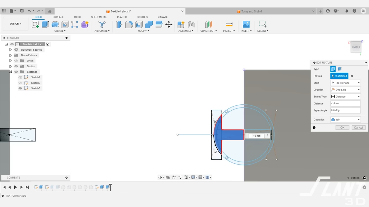A modified T-slot is shown in CAD, featuring curved outer flanges designed to act as tension springs.