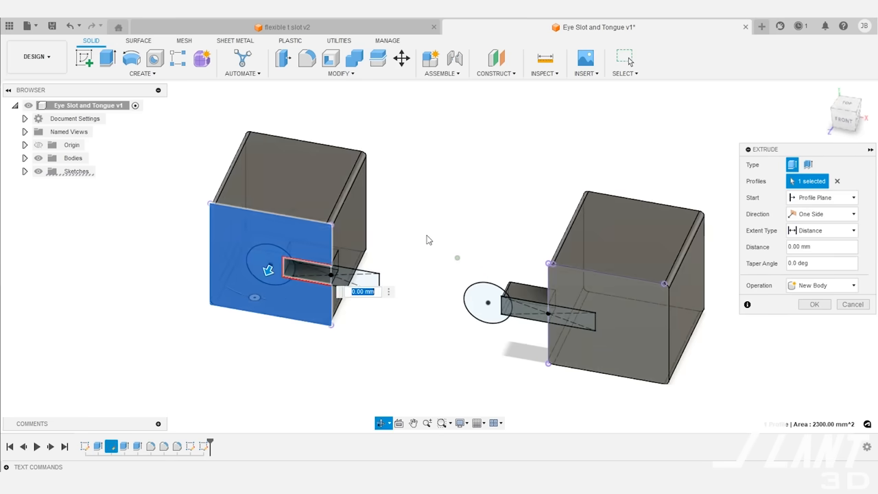 The CAD software illustrates an Eye-slot design, utilizing a simple cylindrical tongue and matching hole.