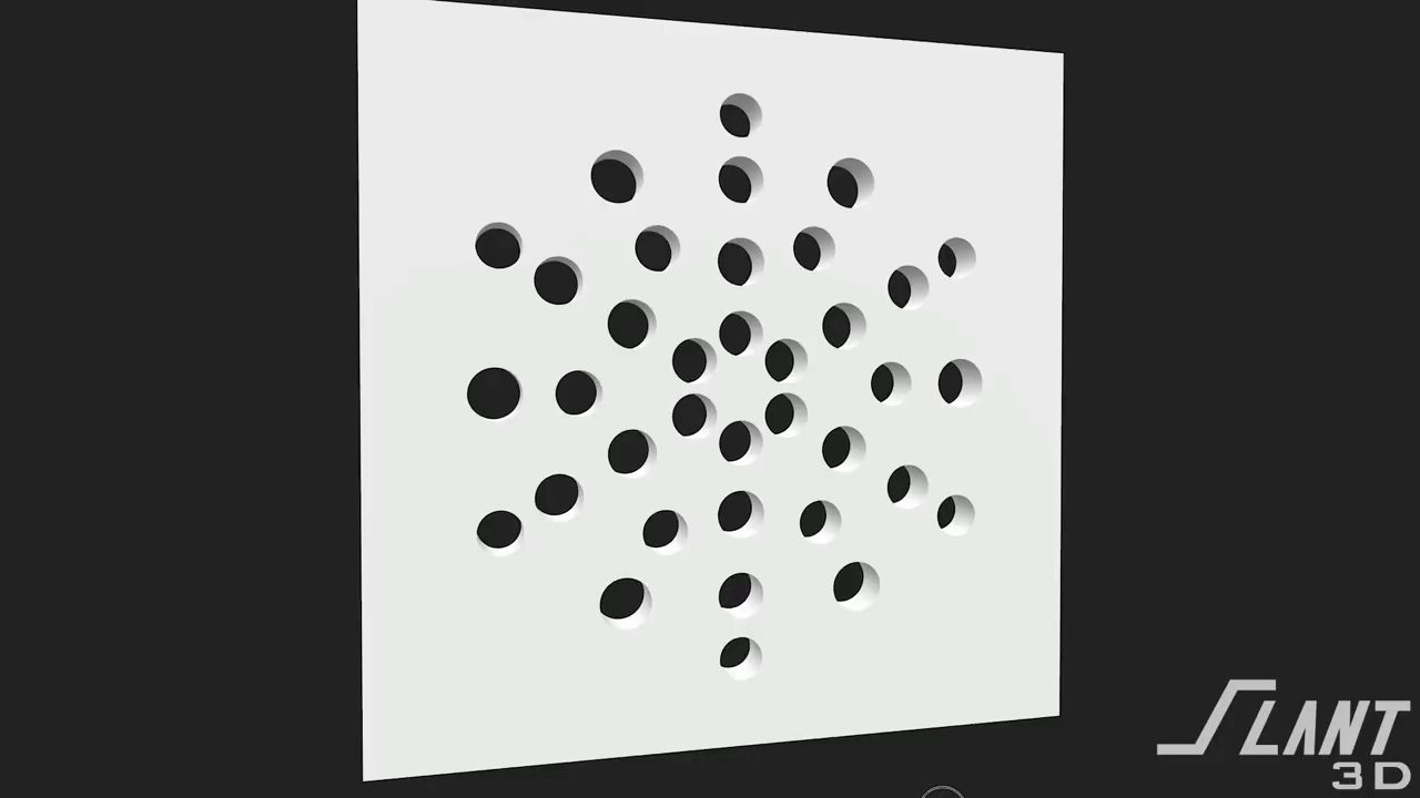 [00:55] : A CAD software view showing a flat square plate with a traditional circular hole pattern.