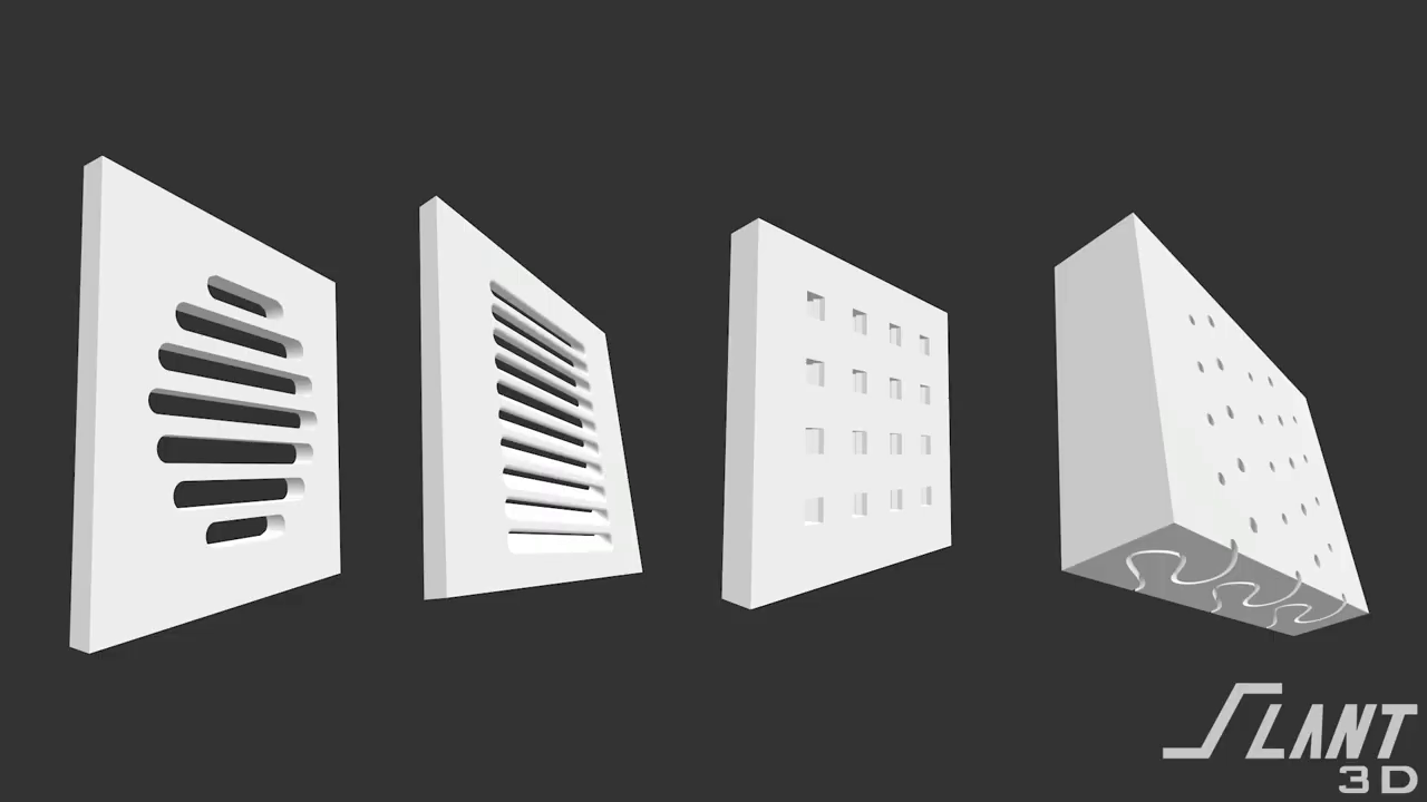 [08:27] : A side-by-side digital rendering summarizing four of the discussed vent designs: standard horizontal slots, angled slots, small square holes, and an S-curve cross-section.