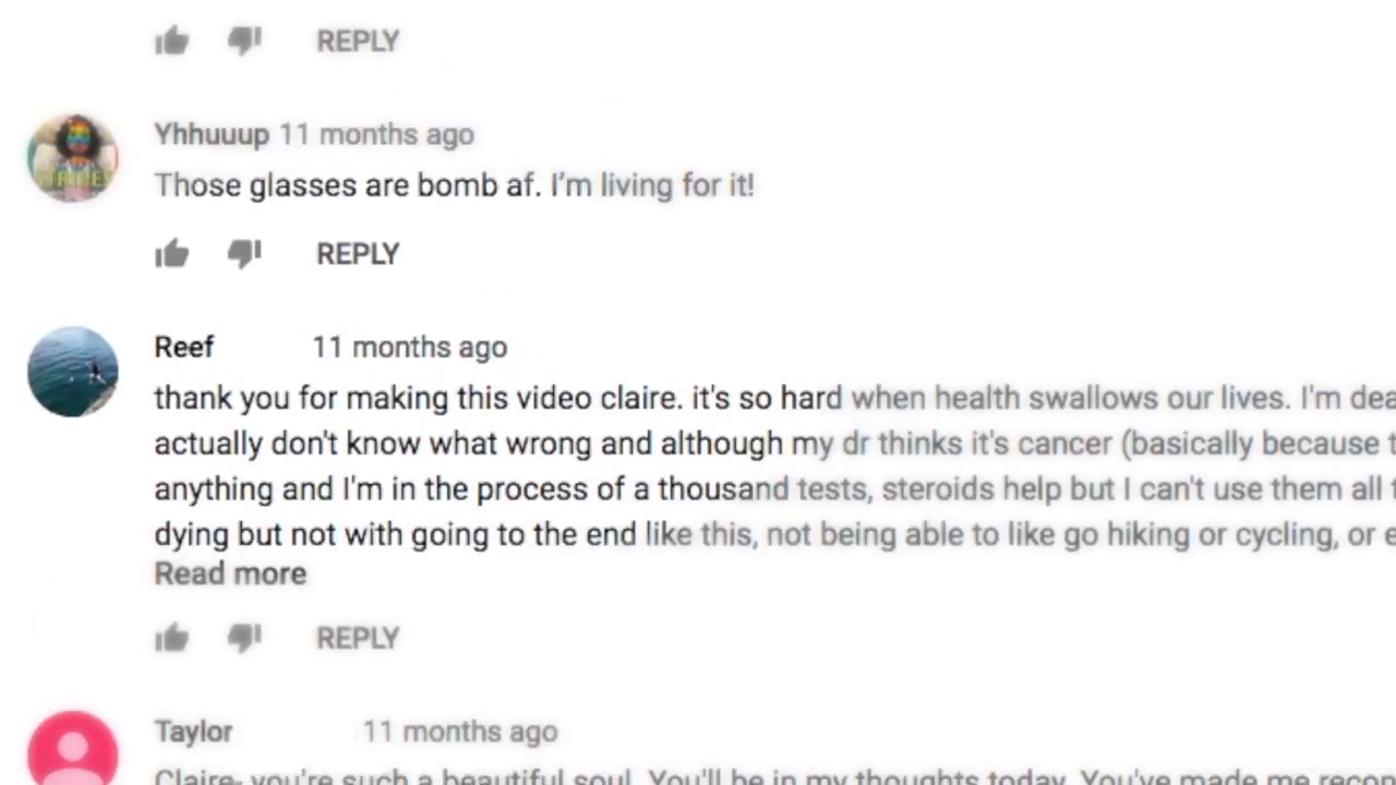 [07:12] : A montage of highlighted YouTube comments appearing on screen, expressing gratitude for her videos, such as "thank you for making this video claire."