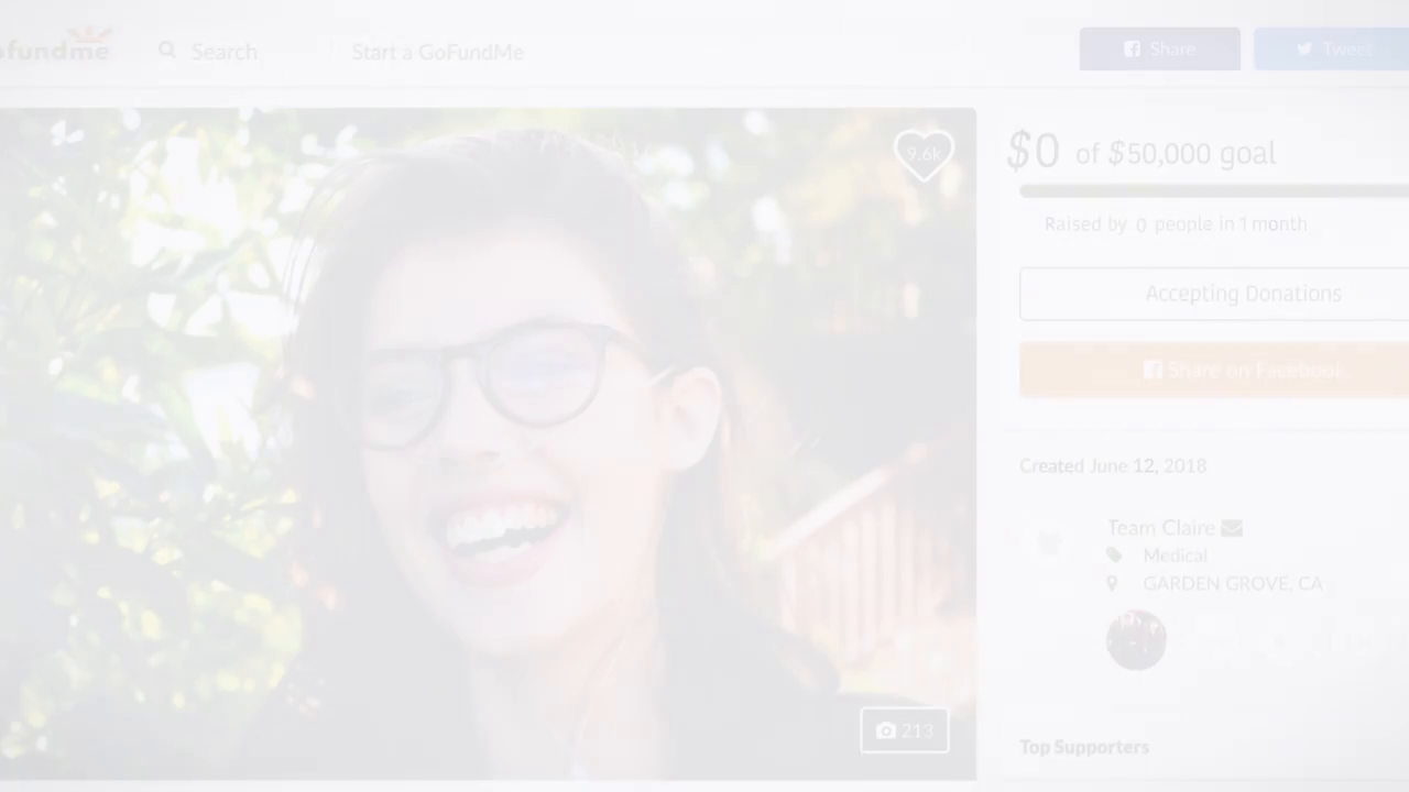 [25:41] : A screen recording of the GoFundMe page titled "Team Claire," showing the raised amount starting at $0 out of a $50,000 goal.