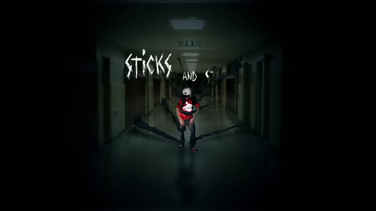 Animated  reading "Sticks and Stones" and "Broken Bones" surrounds a boy standing in a school hallway.
