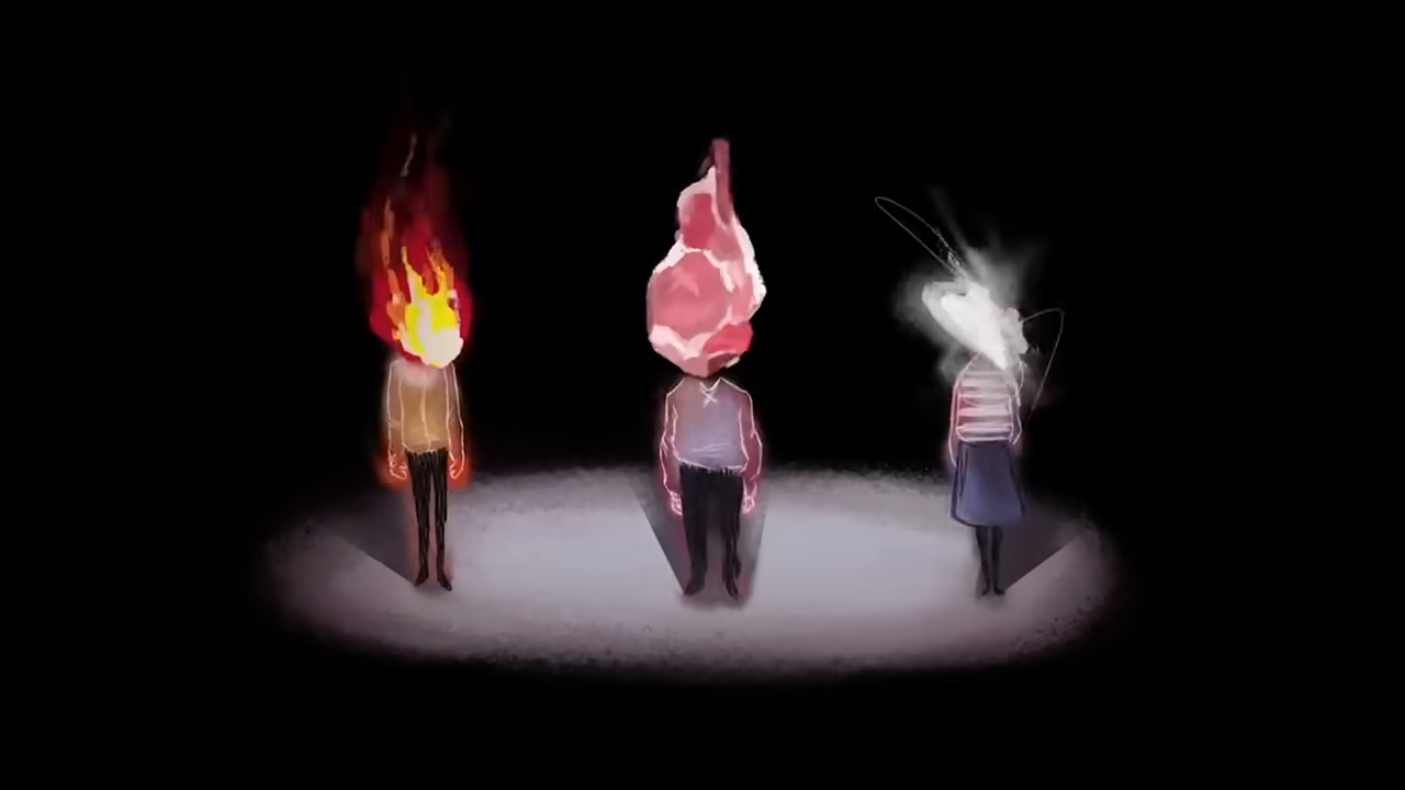 Three animated figures standing together, their heads depicted as burning fire, a glowing crystal, and a swirling void, representing the lasting impact on the three individuals.