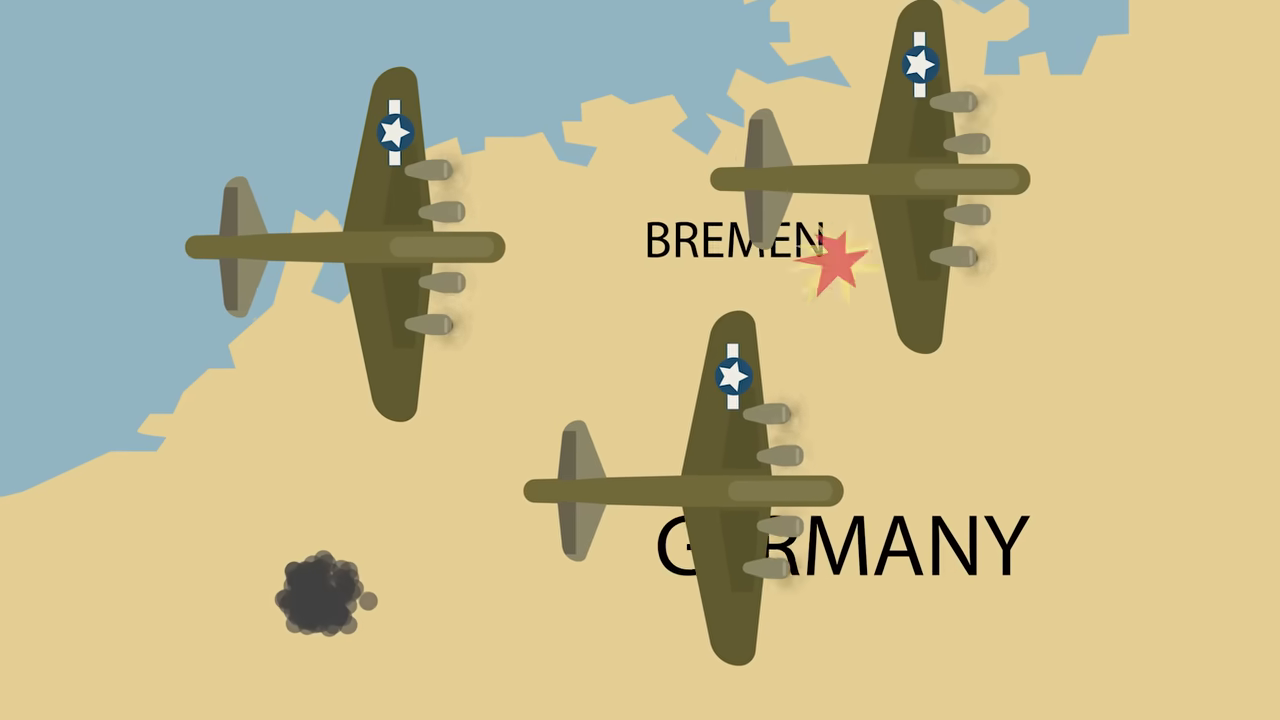 [00:25] Map showing the formation of B-17s approaching the target city of Bremen, Germany.