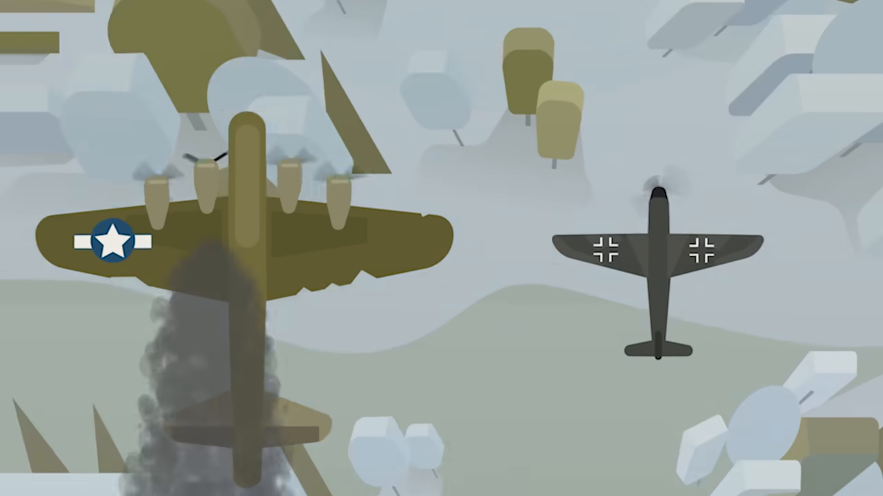 [01:42] Side-by-side view showing the stark contrast between the heavily smoking, damaged B-17 and the pristine German Bf-109 flying alongside.