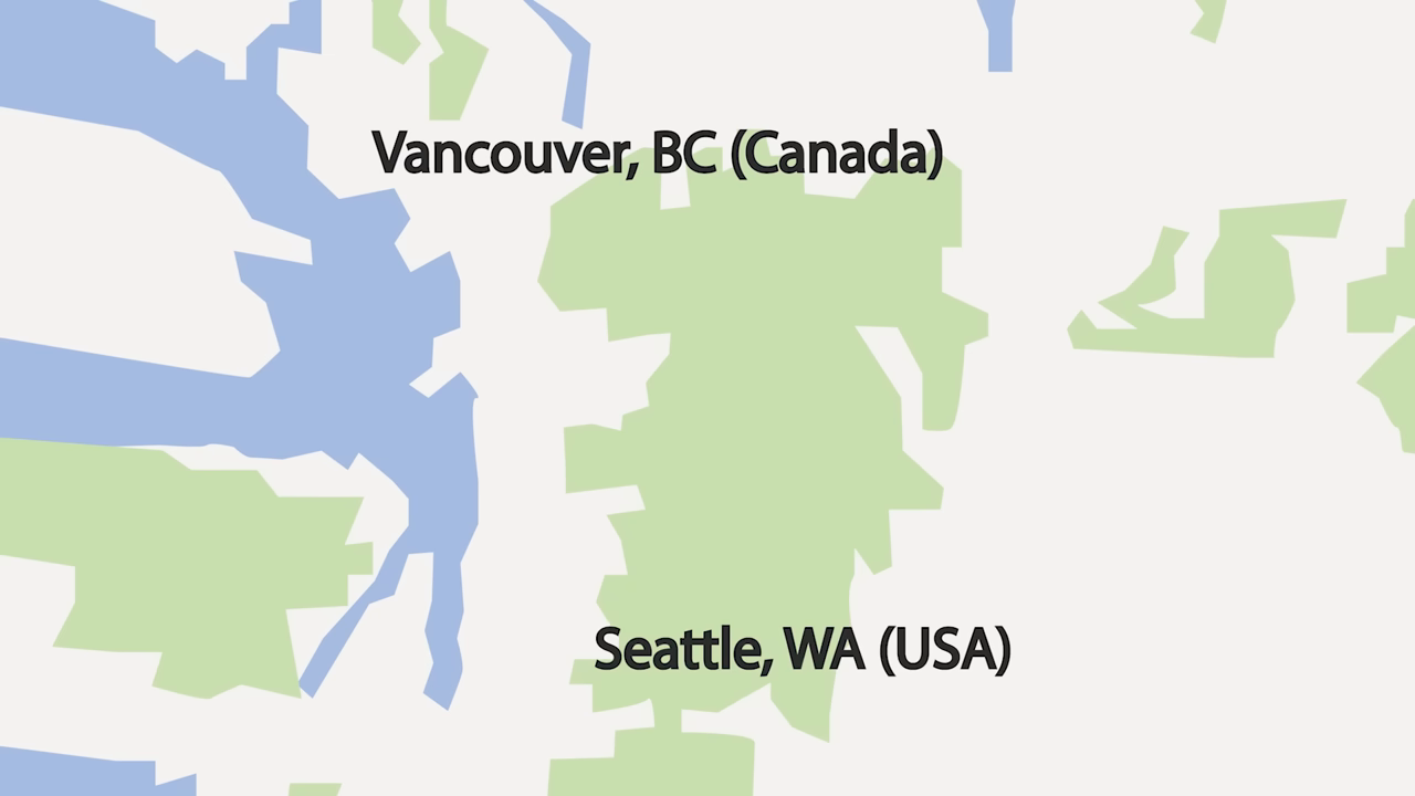 [05:35] Map illustrating the close proximity of Vancouver, BC and Seattle, WA, showing how near the pilots lived to each other post-war.