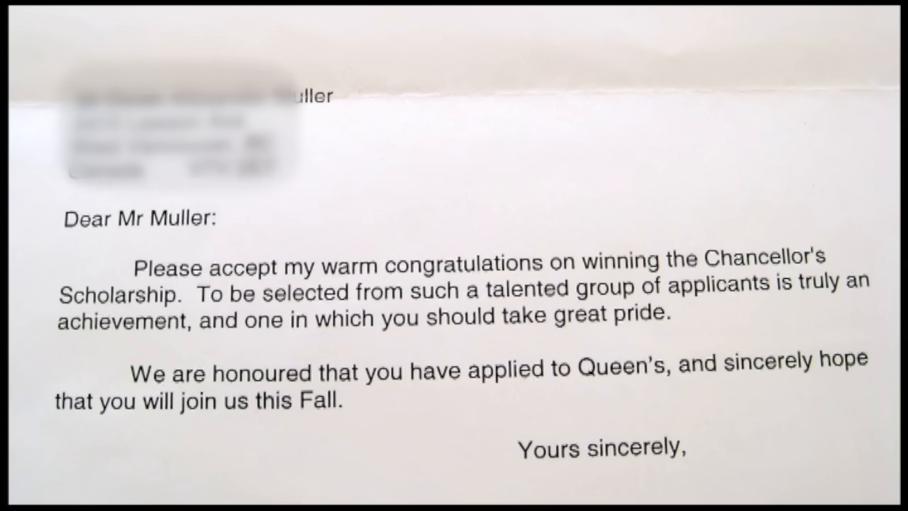 [02:02] A close-up of a formal letter congratulating him on winning the Chancellor's Scholarship.
