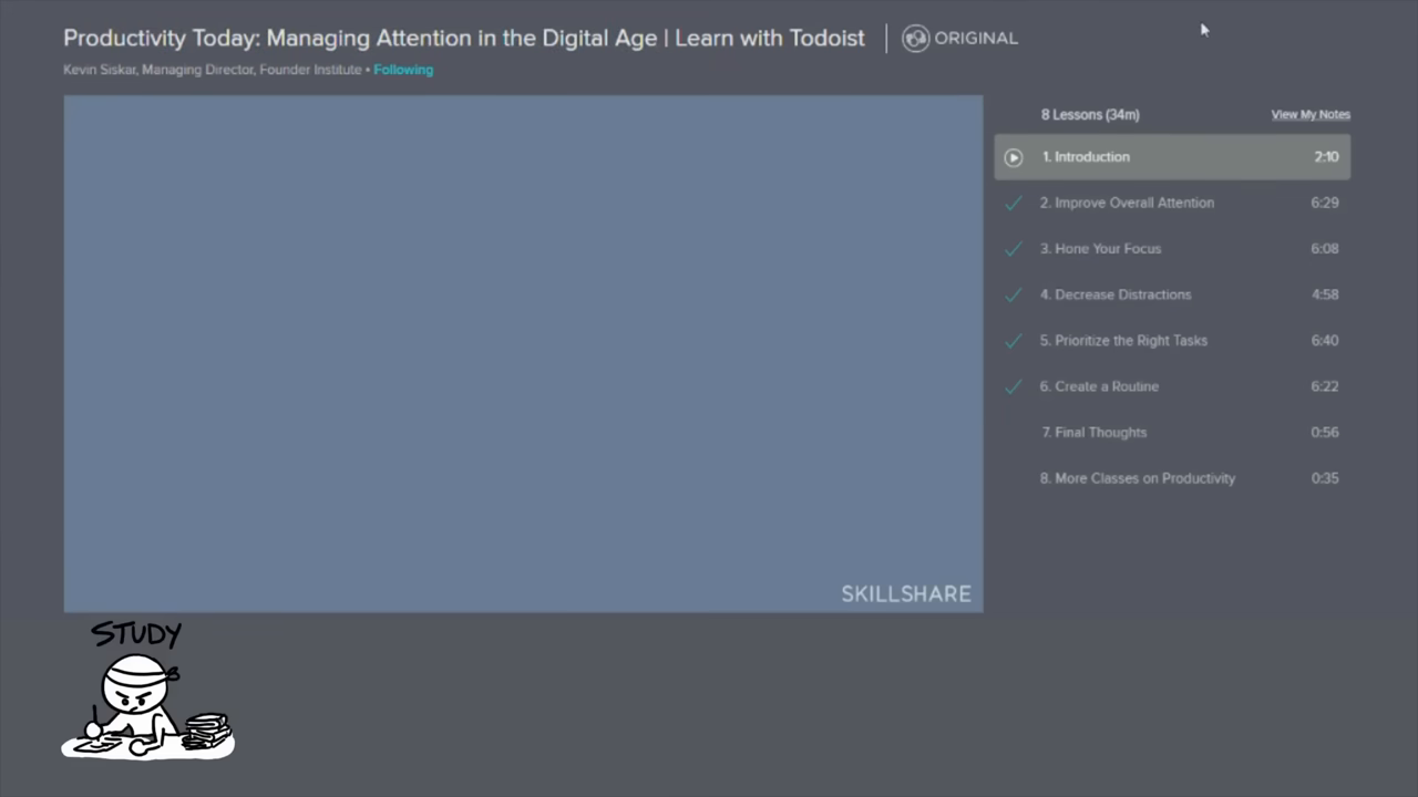 A screen recording demonstration of the Skillshare user interface showing the "Productivity Today" course curriculum.