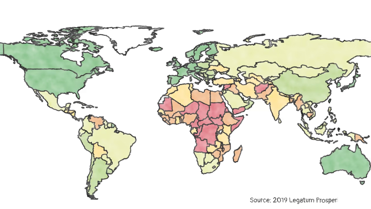 A world map color-coded based on the 2019 Legatum Prosperity Index, highlighting the global disparity in fortune based on birthplace.