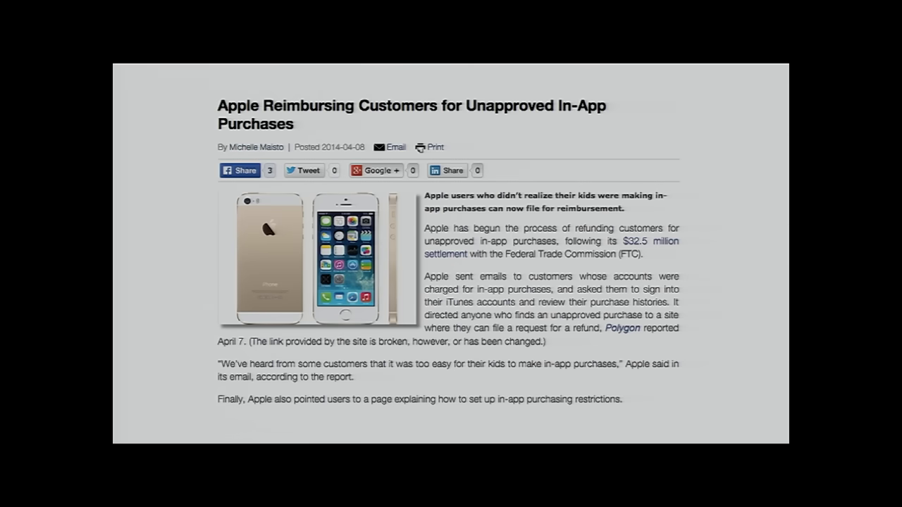 displaying an article snippet about Apple reimbursing customers for unapproved in-app purchases, highlighting a $32.5 million settlement.