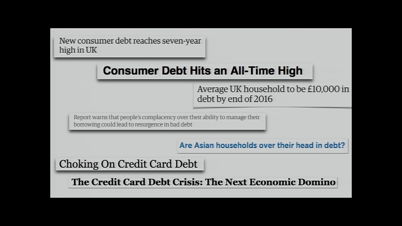 showing a collage of news headlines about consumer and credit card debt reaching all-time highs.