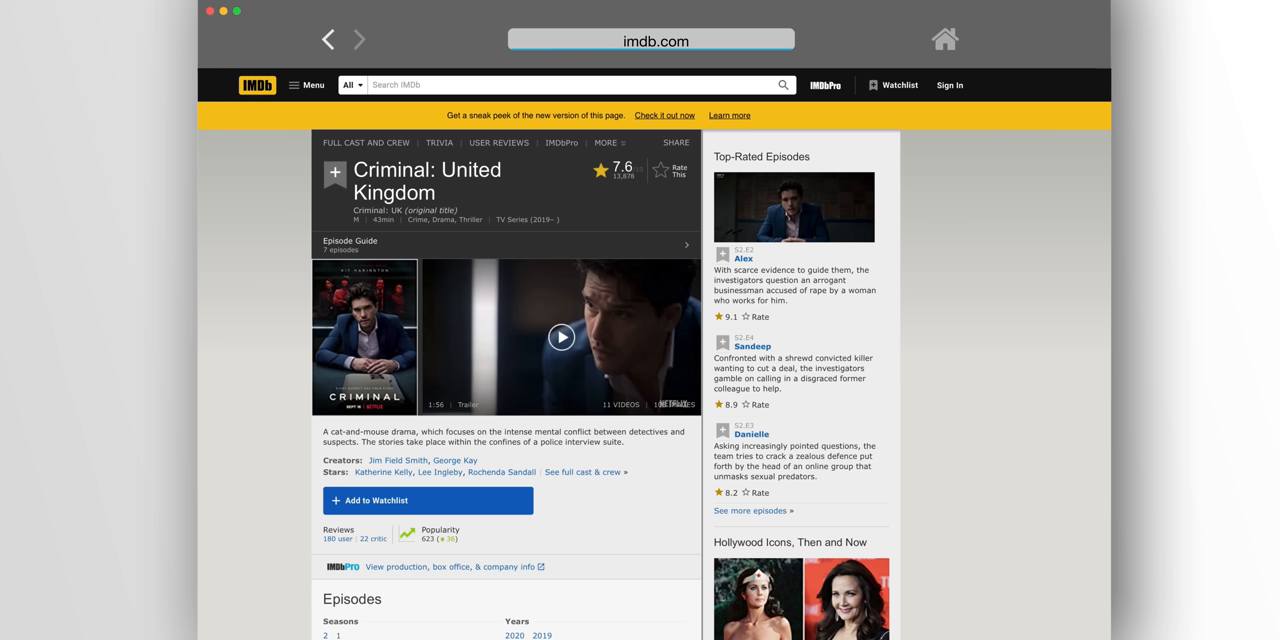 mockup showing the creator scrolling through the IMDb photo gallery for the show Criminal: United Kingdom.