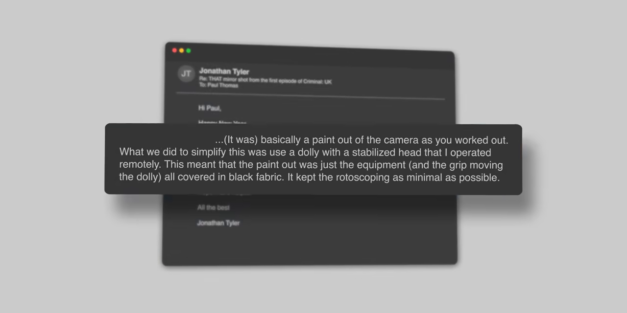 On-screen graphic displaying the of an email reply from Jonathan Tyler explaining the camera technique.