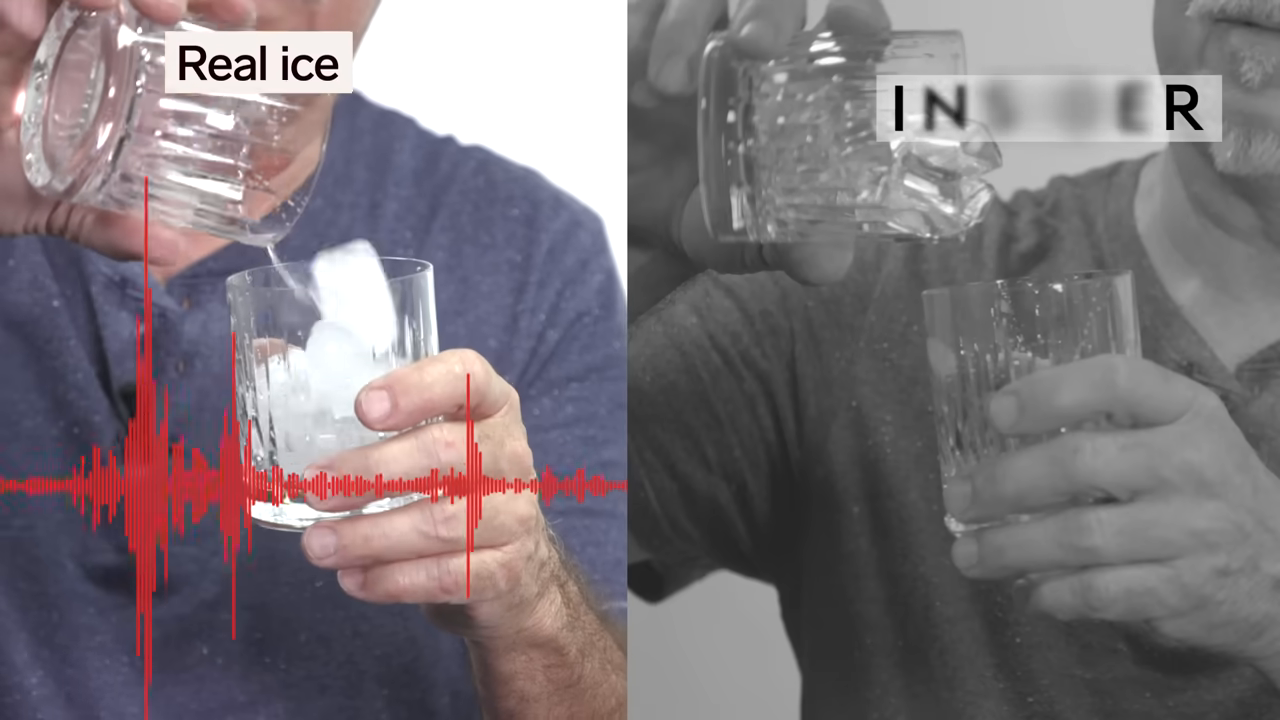 A side-by-side split screen showing a person pouring real ice on the left (with a large red audio waveform) and silent prop ice on the right into glasses.