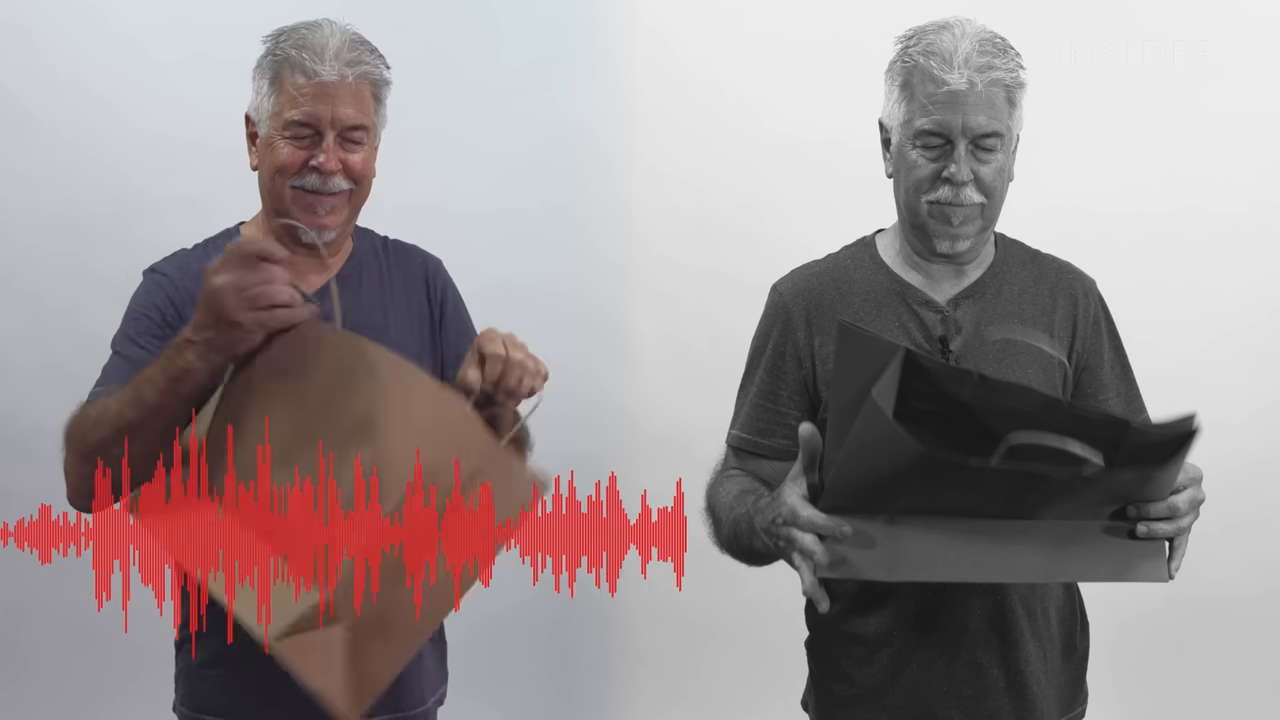 A side-by-side split screen comparing a man crinkling a real paper bag (with a large red audio waveform) versus a silent prop bag.