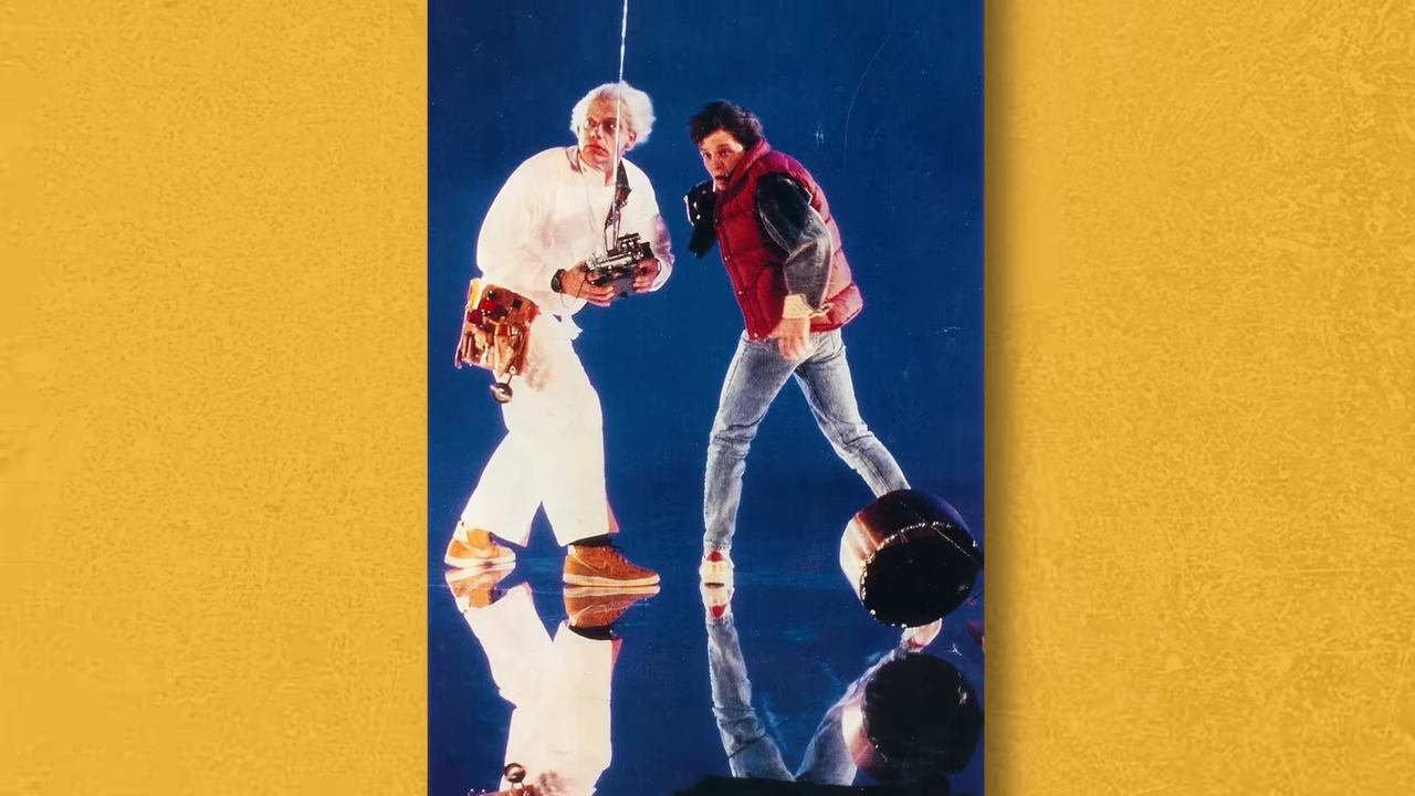 A frame from Back to the Future showing the actors standing on reflective Mylar to create the illusion of fire trails.