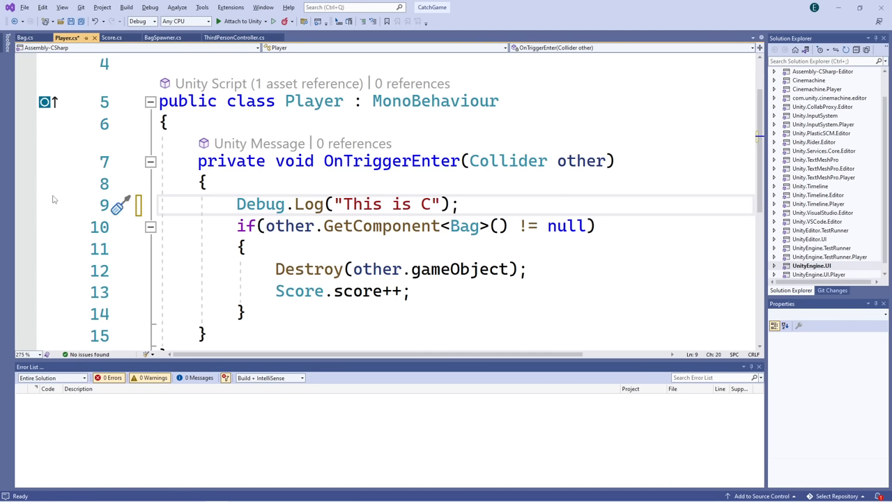 Unity  displaying a C# script used to program player movement.
