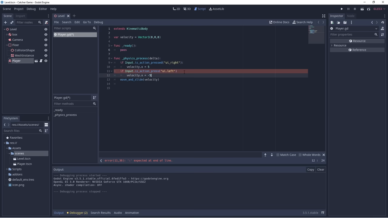 Godot  showing GDScript, a Python-like language used to code player movement.