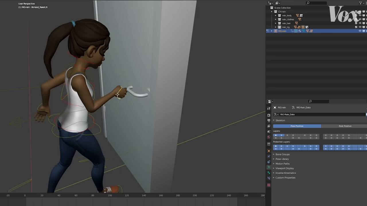 A 3D animation workspace showing a character reaching for a door, with her hand completely clipping through the solid 3D mesh of the door handle.