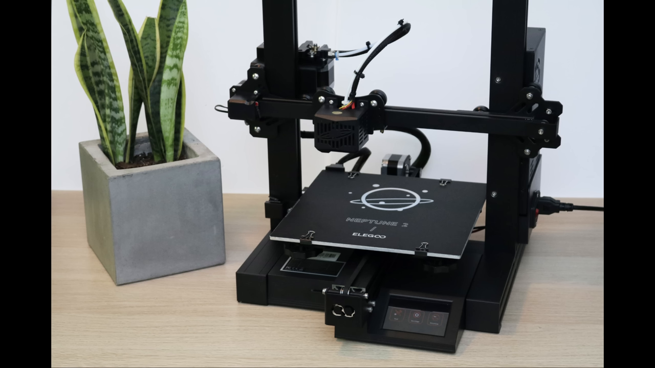 A  shot of the Elegoo Neptune 2 3D printer.