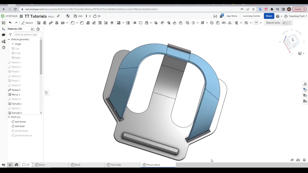 A 3D printed phone stand utilizing the bending technique to create a compound curve.