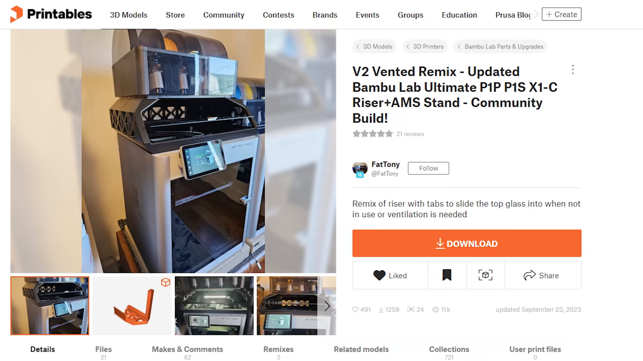 [00:52]  — A screenshot of the Printables website displaying the specific "V2 Vented Remix" riser model page.