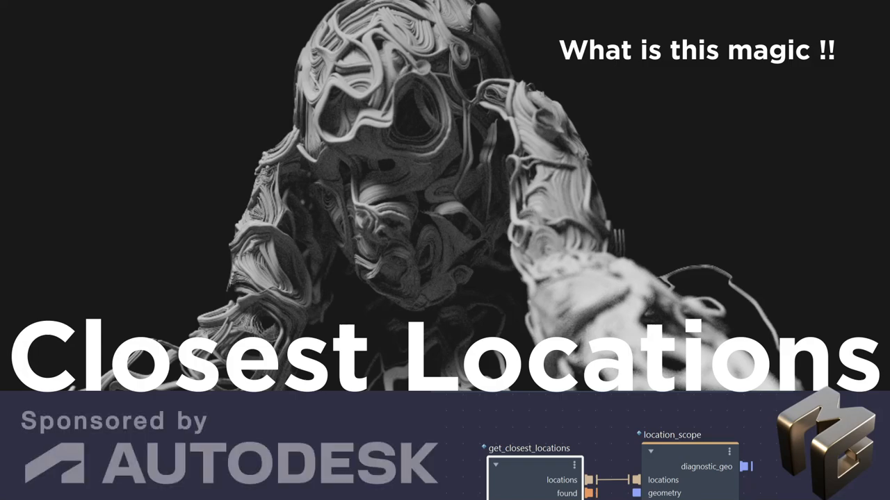 This informational frame introduces "Closest Locations" feature, sponsored by Autodesk, with abstract 3D graphics.