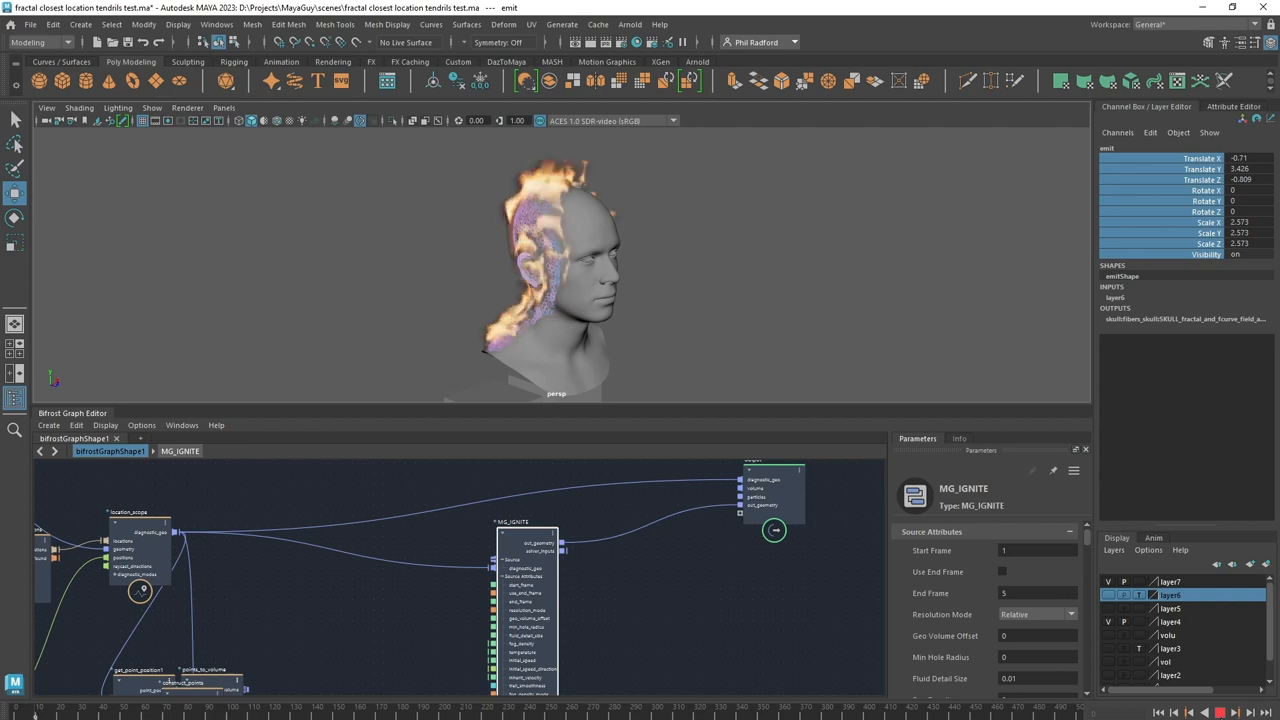 A realistic fire effect burns off the top and right side of the 3D head model, driven by the Bifrost node graph.