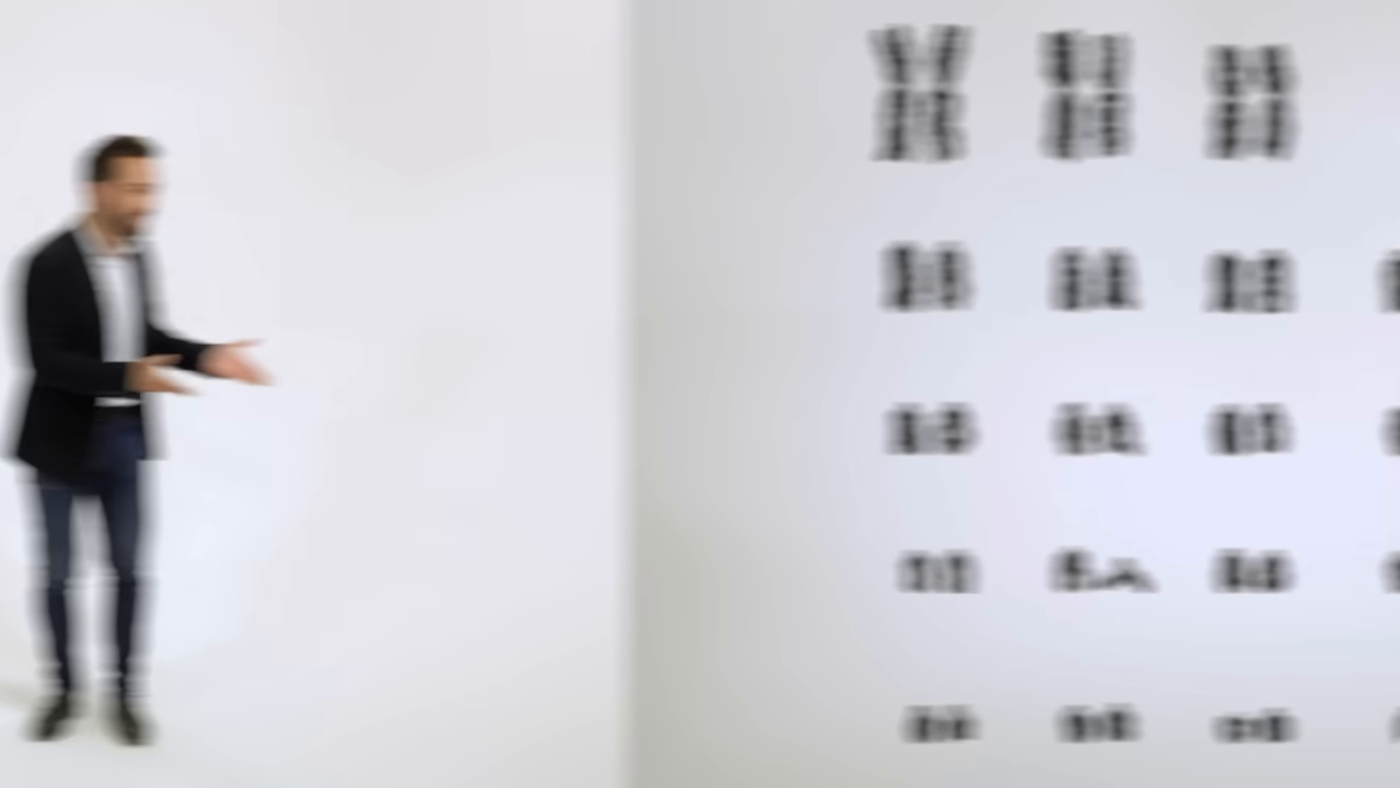 [00:18] A classic biological karyotype layout showing the 23 pairs of human chromosomes arranged in descending order.
